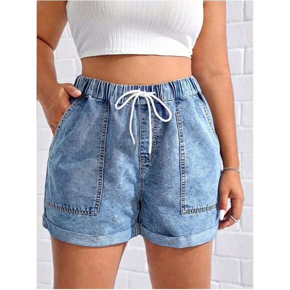 Plus Size Denim Shorts Elastic Waist Drawstring Casual Summer Shorts - Picture 2 of 5